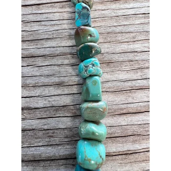 Vintage Turquoise Nugget Bead Necklace Sterling Silver Ends Hook Clasp Southwest - Picture 9 of 11
